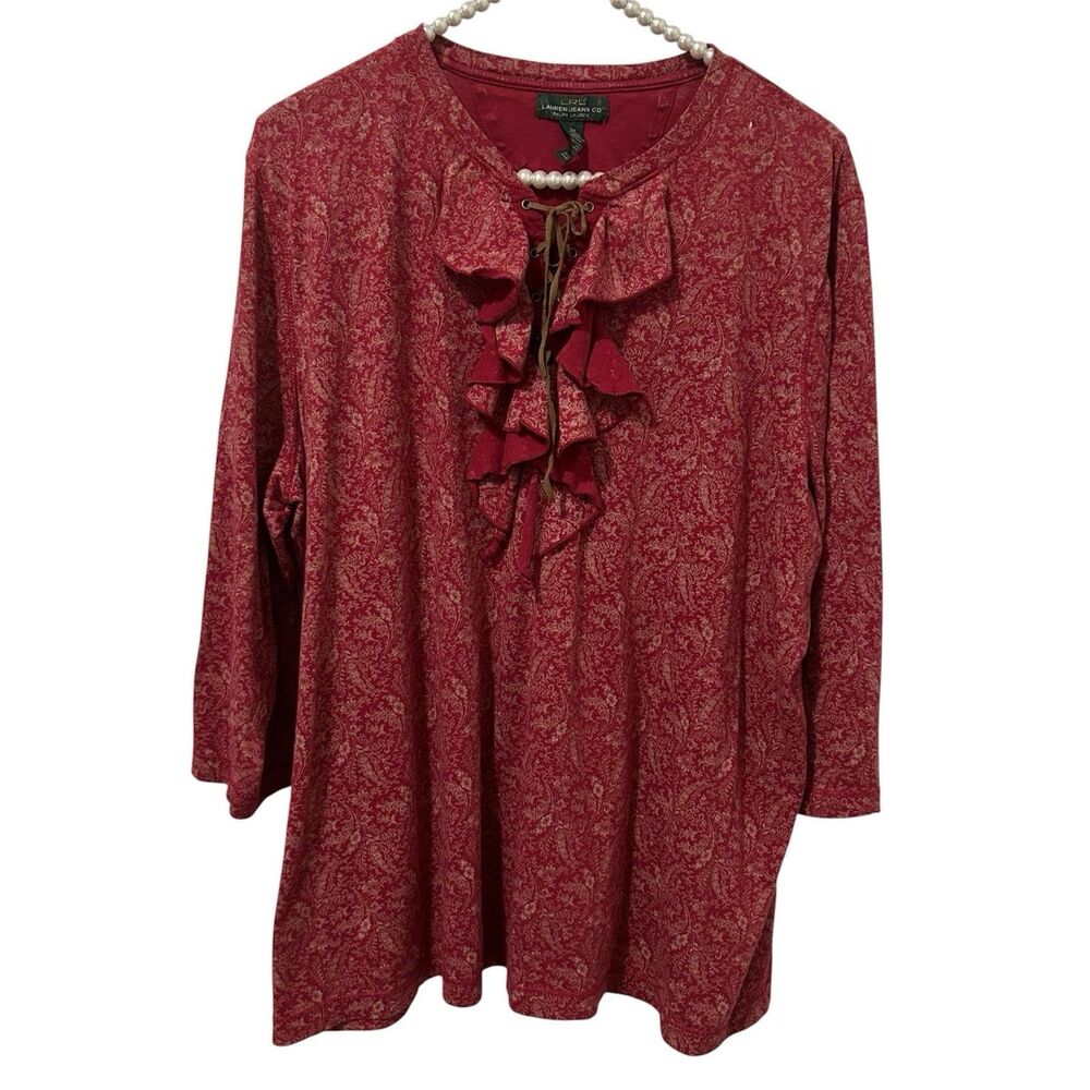 Lauren Jeans Co vtg 2X Top Y2k red tan lace ruffle 3/4 sleeve women Western